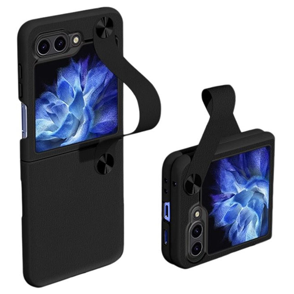 GKK For Samsung Galaxy Z Flip7 FE 5G / Z Flip6 5G Case Ultra-Thin PC+PU Folding Phone Case with Leather Strap - Black