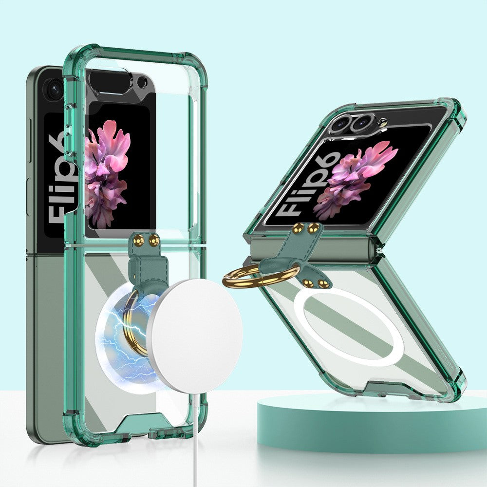 GKK For Samsung Galaxy Z Flip7 FE 5G / Z Flip6 5G Case Ring Kickstand TPU Phone Cover Compatible with MagSafe - Transparent Green