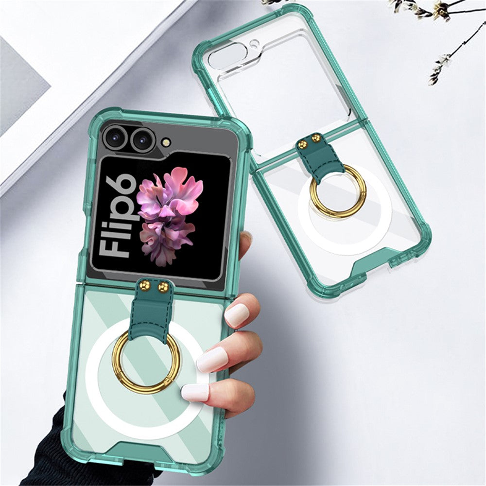 GKK For Samsung Galaxy Z Flip7 FE 5G / Z Flip6 5G Case Ring Kickstand TPU Phone Cover Compatible with MagSafe - Transparent Green