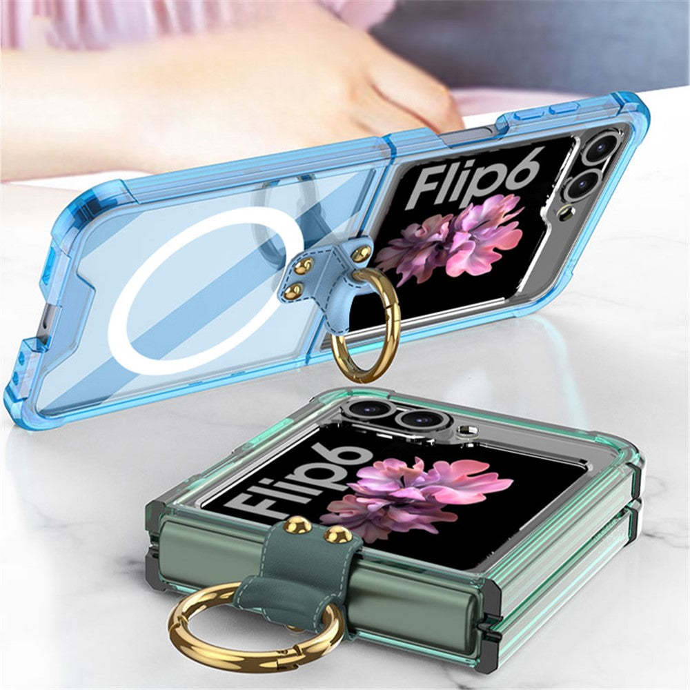 GKK For Samsung Galaxy Z Flip7 FE 5G / Z Flip6 5G Case Ring Kickstand TPU Phone Cover Compatible with MagSafe - Transparent Green