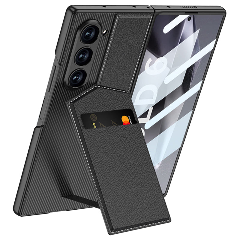 GKK For Samsung Galaxy Z Fold6 5G Phone Case PC+PU Cover with Card Holder Kickstand, Screen Film - Black