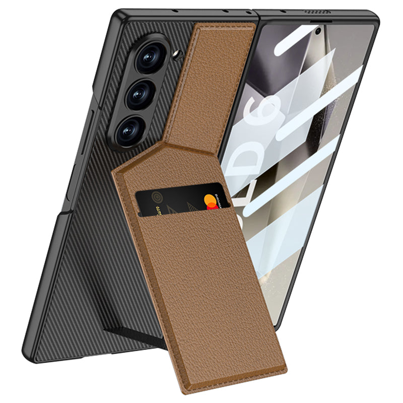 GKK For Samsung Galaxy Z Fold6 5G Phone Case PC+PU Cover with Card Holder Kickstand, Screen Film - Coffee