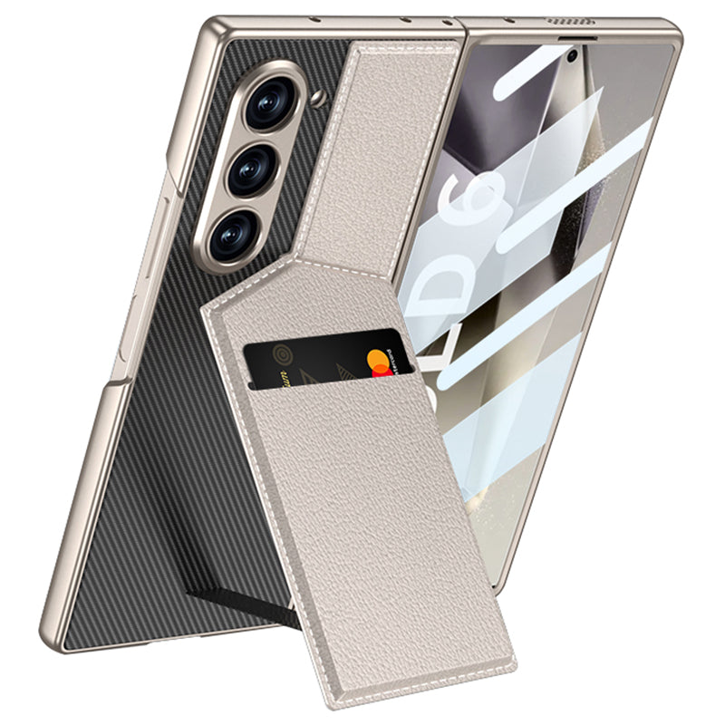 GKK For Samsung Galaxy Z Fold6 5G Phone Case PC+PU Cover with Card Holder Kickstand, Screen Film - Titanium Grey