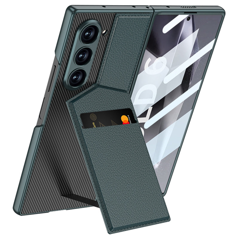 GKK For Samsung Galaxy Z Fold6 5G Phone Case PC+PU Cover with Card Holder Kickstand, Screen Film - Green