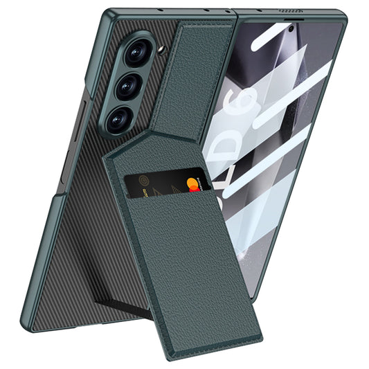 GKK For Samsung Galaxy Z Fold6 5G Phone Case PC+PU Cover with Card Holder Kickstand, Screen Film - Green