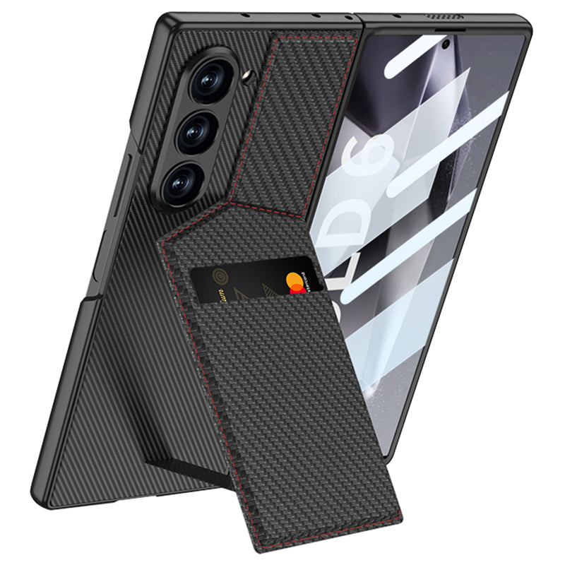 GKK For Samsung Galaxy Z Fold6 5G Phone Case PC+PU Cover with Card Holder Kickstand, Screen Film - Carbon Fiber Pattern