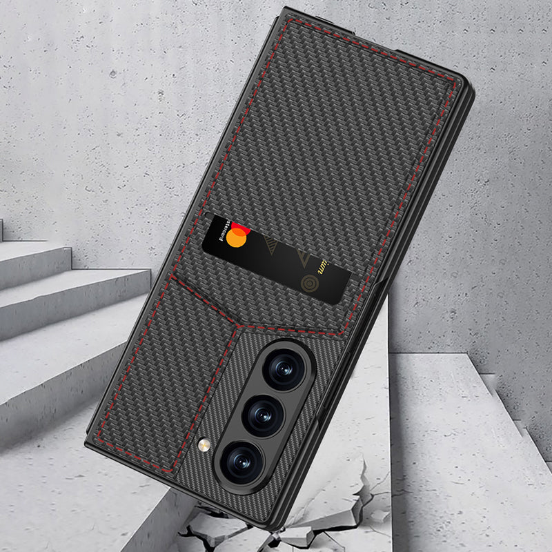 GKK For Samsung Galaxy Z Fold6 5G Phone Case PC+PU Cover with Card Holder Kickstand, Screen Film - Carbon Fiber Pattern
