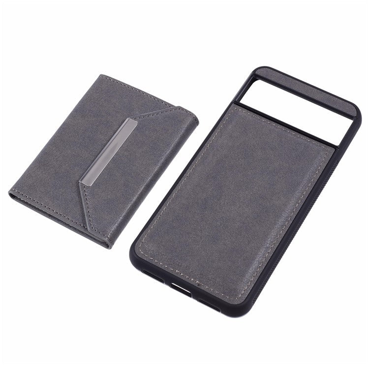 For Google Pixel 8 Case Leather Phone Back Cover with Card Slot Kickstand - Grey