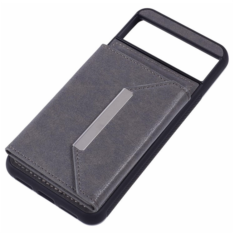 For Google Pixel 8 Case Leather Phone Back Cover with Card Slot Kickstand - Grey