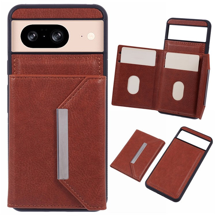 For Google Pixel 8 Case Leather Phone Back Cover with Card Slot Kickstand - Brown