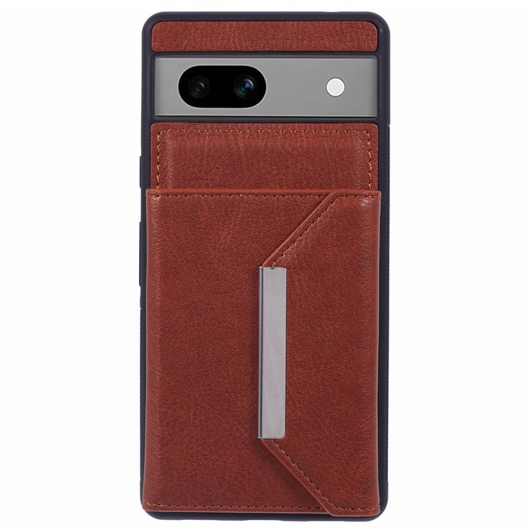 For Google Pixel 7a Case Card Bag Kickstand TPU+PU Phone Cover - Brown