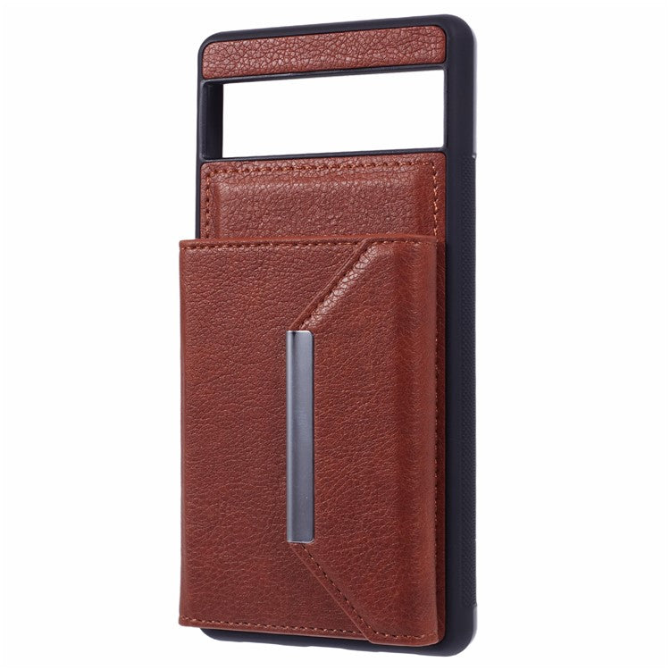 For Google Pixel 7a Case Card Bag Kickstand TPU+PU Phone Cover - Brown