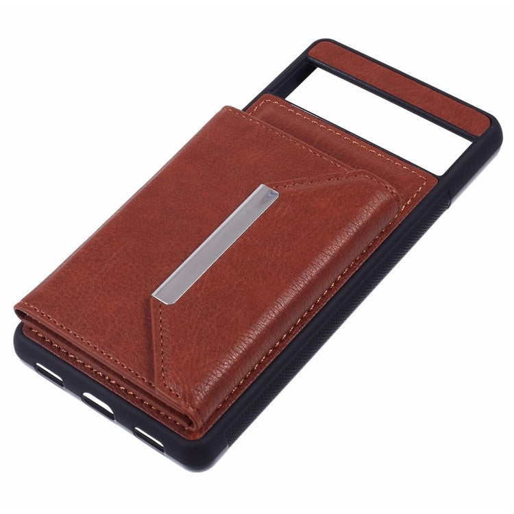 For Google Pixel 7a Case Card Bag Kickstand TPU+PU Phone Cover - Brown