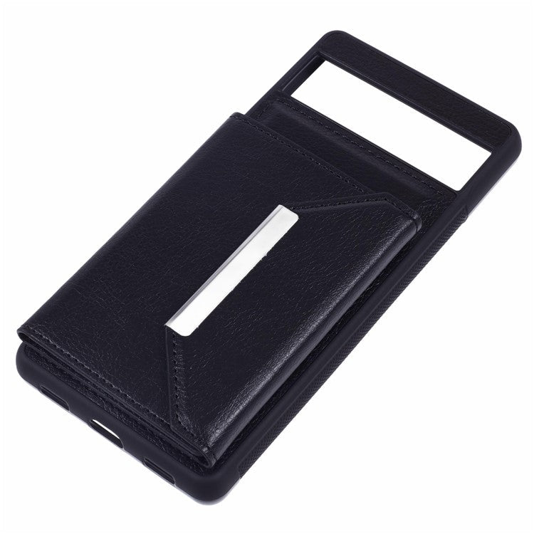For Google Pixel 7a Case Card Bag Kickstand TPU+PU Phone Cover - Black