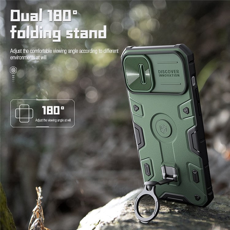 NILLKIN-CamShield-Armor-Pro-PC-+-TPU-Case-for-iPhone-14-/-iPhone-13,-Slide-Lens-Protection-Tire-Texture-Kickstand-Phone-Cover---Blue