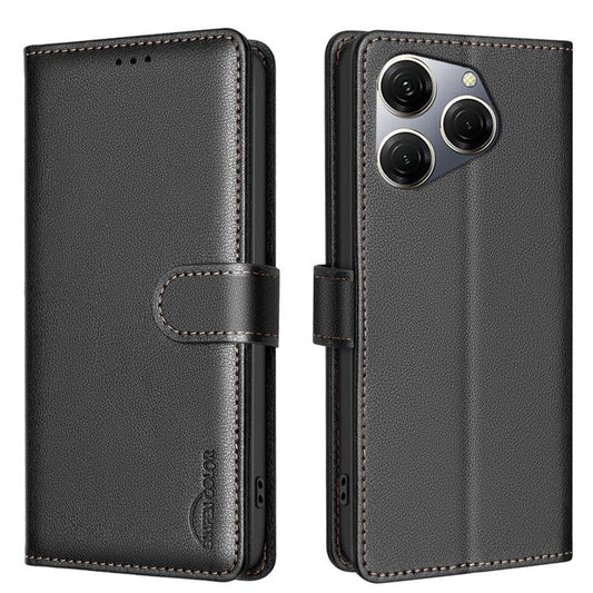 BINFEN COLOR BF32 For TECNO Spark 20 Pro Leather Case RFID Blocking Lychee Texture - Black