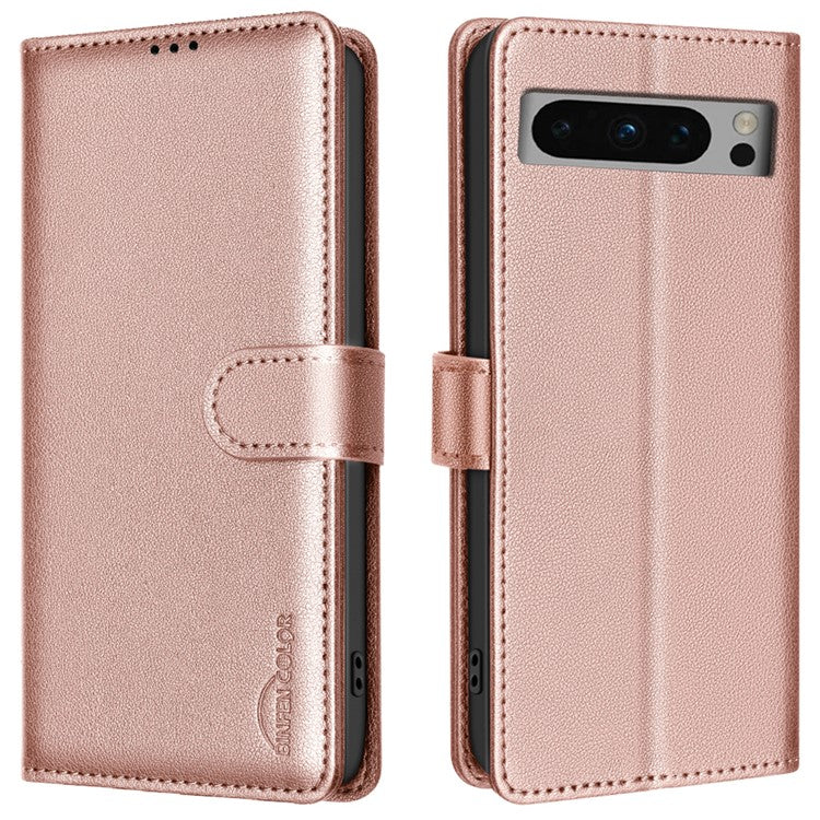 BINFEN COLOR BF32 For Google Pixel 8 Pro RFID Blocking Phone Case Litchi Texture Leather Phone Cover - Rose Gold