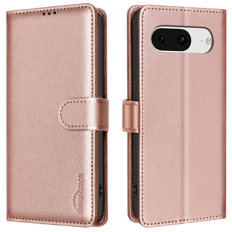 BINFEN COLOR BF32 For Google Pixel 8 Wallet Stand Phone Case Litchi Texture RFID Blocking Leather Phone Cover - Rose Gold