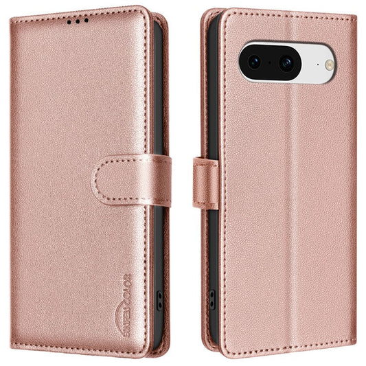 BINFEN COLOR BF32 For Google Pixel 8 Wallet Stand Phone Case Litchi Texture RFID Blocking Leather Phone Cover - Rose Gold