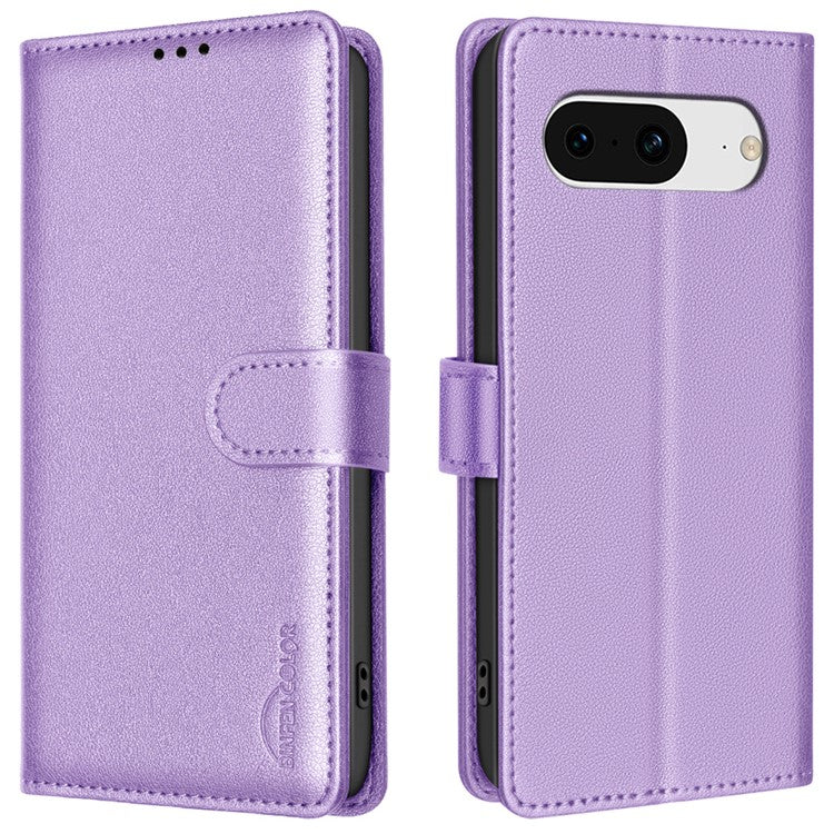 BINFEN COLOR BF32 For Google Pixel 8 Wallet Stand Phone Case Litchi Texture RFID Blocking Leather Phone Cover - Purple