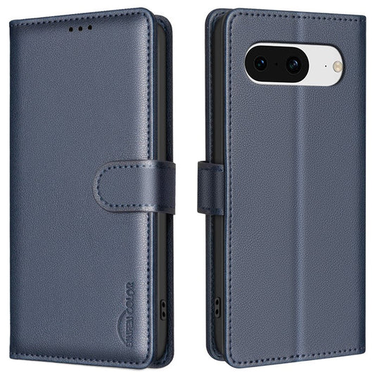 BINFEN COLOR BF32 For Google Pixel 8 Wallet Stand Phone Case Litchi Texture RFID Blocking Leather Phone Cover - Blue