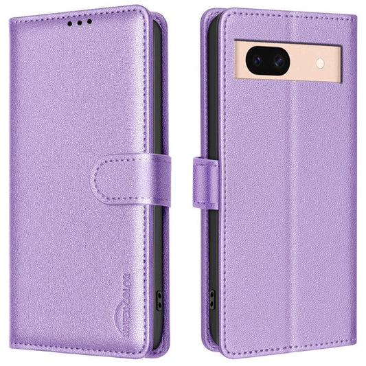 BINFEN COLOR BF32 For Google Pixel 8a Mobile Phone Case Litchi Texture RFID Blocking Leather Stand Cover - Purple