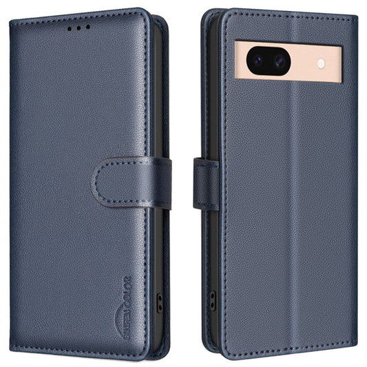 BINFEN COLOR BF32 For Google Pixel 8a Mobile Phone Case Litchi Texture RFID Blocking Leather Stand Cover - Blue