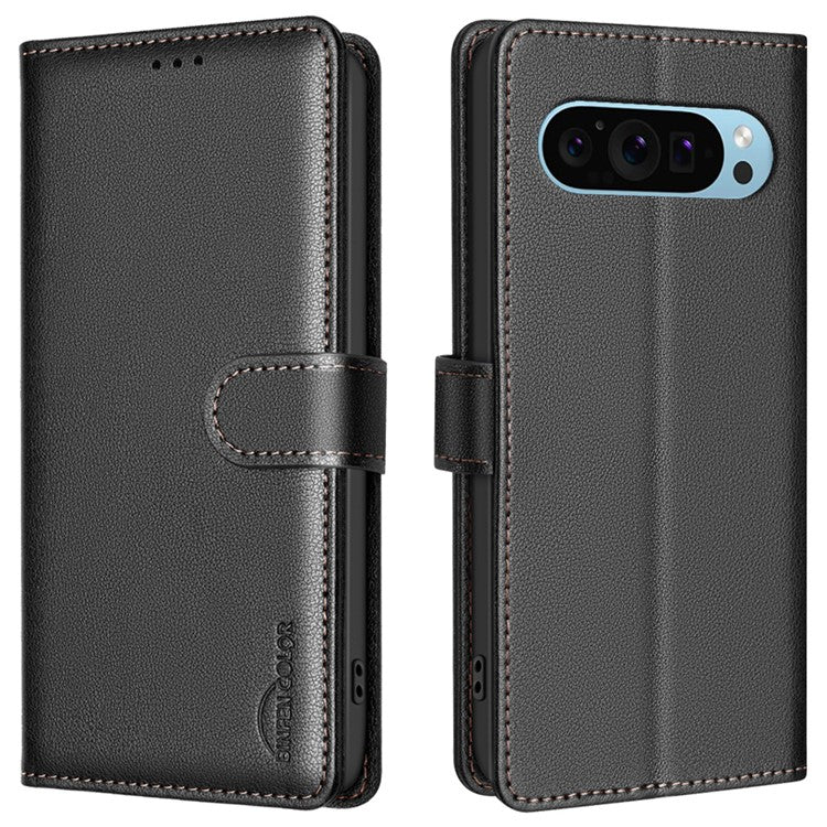 BINFEN COLOR BF32 Wholesale Phone Case for Google Pixel 9 Pro / Pixel 9 RFID Blocking Leather Phone Stand Cover - Black