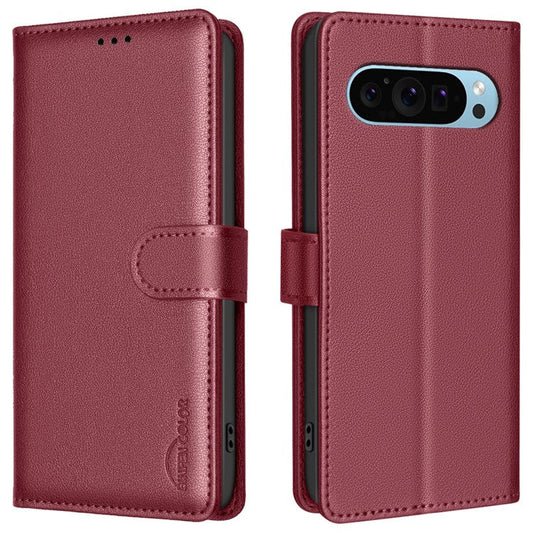 BINFEN COLOR BF32 Wholesale Phone Case for Google Pixel 9 Pro / Pixel 9 RFID Blocking Leather Phone Stand Cover - Red