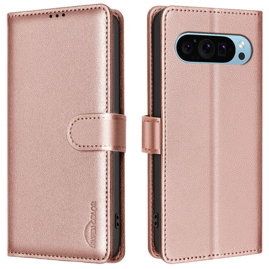 BINFEN COLOR BF32 Wholesale Phone Case for Google Pixel 9 Pro / Pixel 9 RFID Blocking Leather Phone Stand Cover - Rose Gold