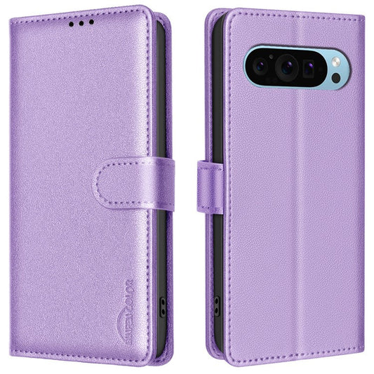 BINFEN COLOR BF32 Wholesale Phone Case for Google Pixel 9 Pro / Pixel 9 RFID Blocking Leather Phone Stand Cover - Purple