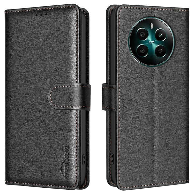 BINFEN COLOR BF32 For Realme 12 4G / 12+ 5G Cell Phone Case Litchi Texture RFID Blocking Leather Phone Cover - Black
