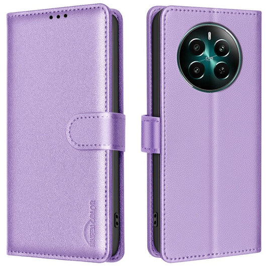 BINFEN COLOR BF32 For Realme 12 4G / 12+ 5G Cell Phone Case Litchi Texture RFID Blocking Leather Phone Cover - Purple