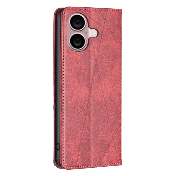 For iPhone 16 Plus Case PU Leather Rhombus Pattern Shockproof Phone Cover - Red