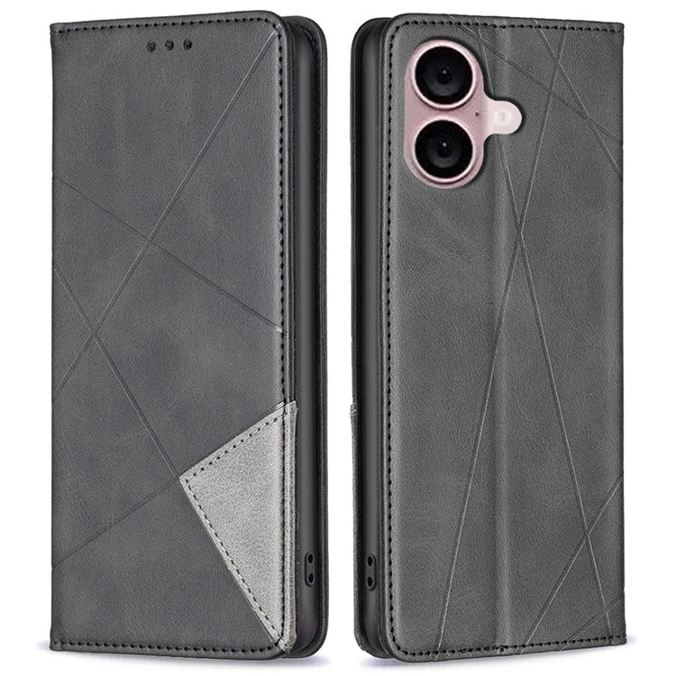 For iPhone 16 Plus Case PU Leather Rhombus Pattern Shockproof Phone Cover - Black