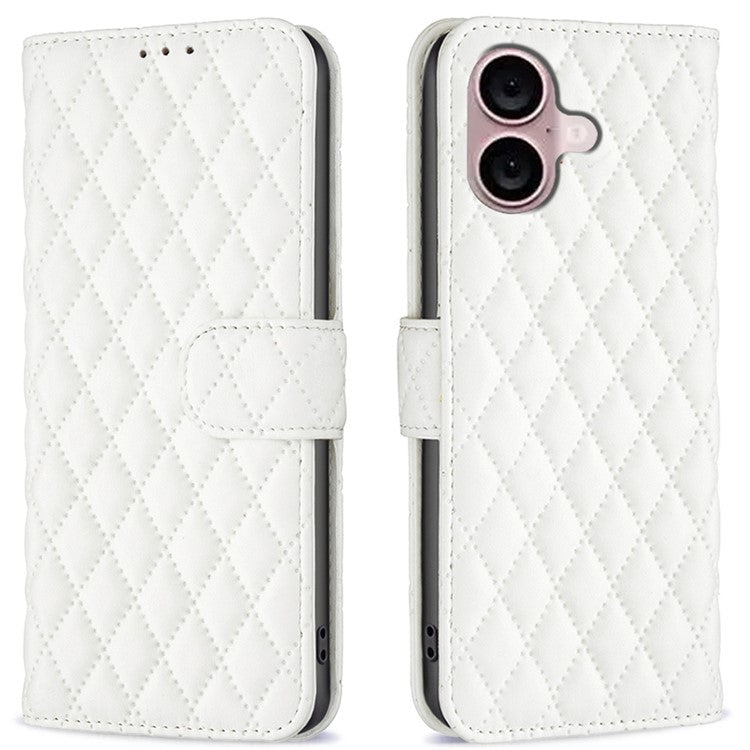 BINFEN COLOR BF Style-14 For iPhone 16 Plus Case Rhombus Grid Wallet Leather Phone Cover - White