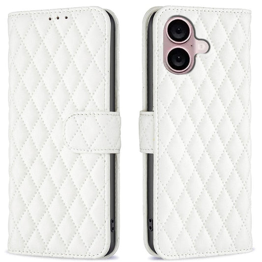 BINFEN COLOR BF Style-14 For iPhone 16 Plus Case Rhombus Grid Wallet Leather Phone Cover - White