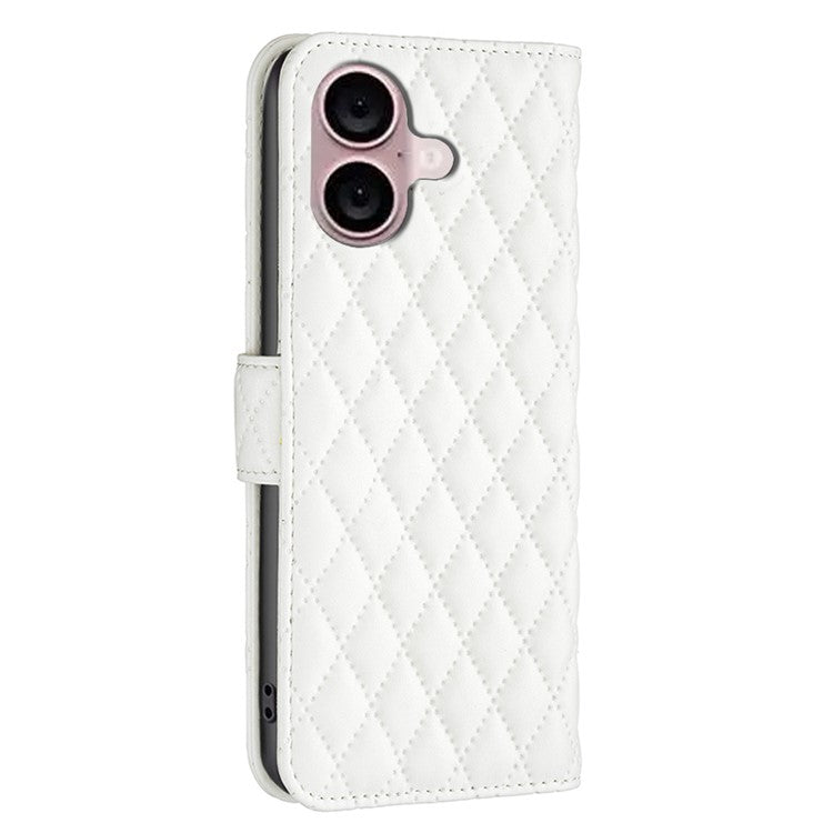 BINFEN COLOR BF Style-14 For iPhone 16 Plus Case Rhombus Grid Wallet Leather Phone Cover - White