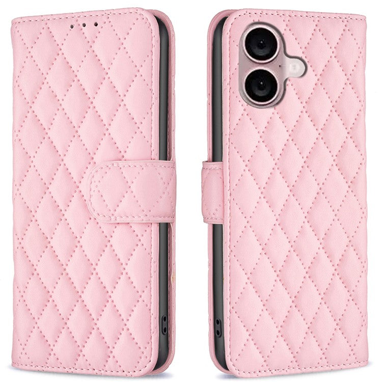 BINFEN COLOR BF Style-14 For iPhone 16 Plus Case Rhombus Grid Wallet Leather Phone Cover - Pink