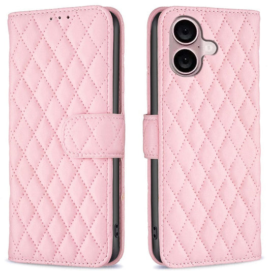 BINFEN COLOR BF Style-14 For iPhone 16 Plus Case Rhombus Grid Wallet Leather Phone Cover - Pink