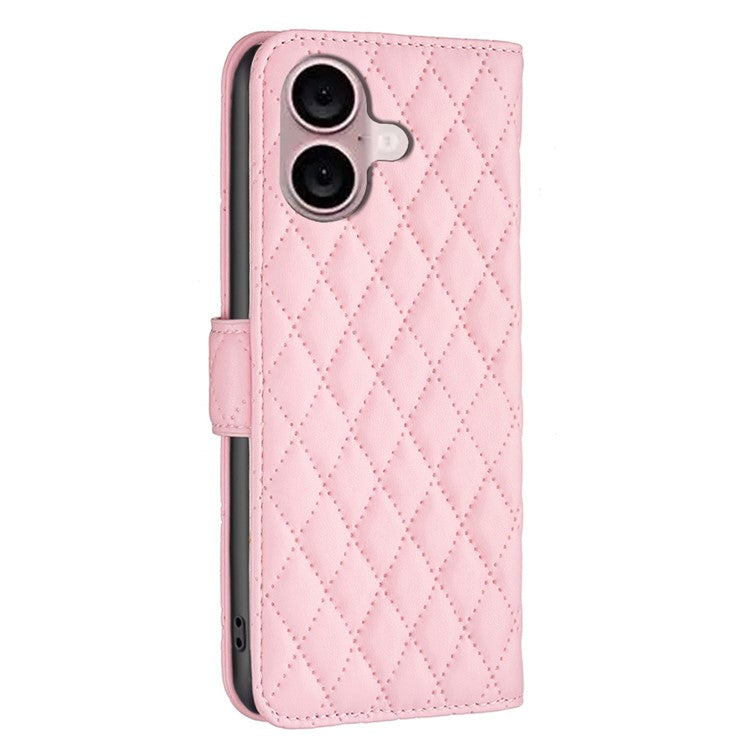 BINFEN COLOR BF Style-14 For iPhone 16 Plus Case Rhombus Grid Wallet Leather Phone Cover - Pink