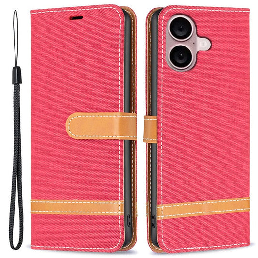 For iPhone 16 Plus Cell Phone Case Jeans Cloth Texture Leather Wallet Protective Cover - Red