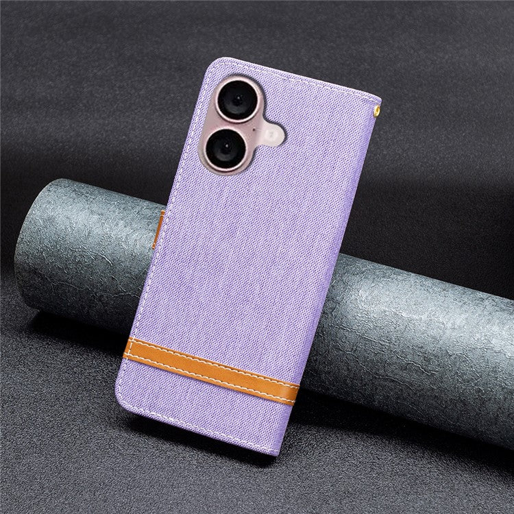 For iPhone 16 Plus Cell Phone Case Jeans Cloth Texture Leather Wallet Protective Cover - Purple