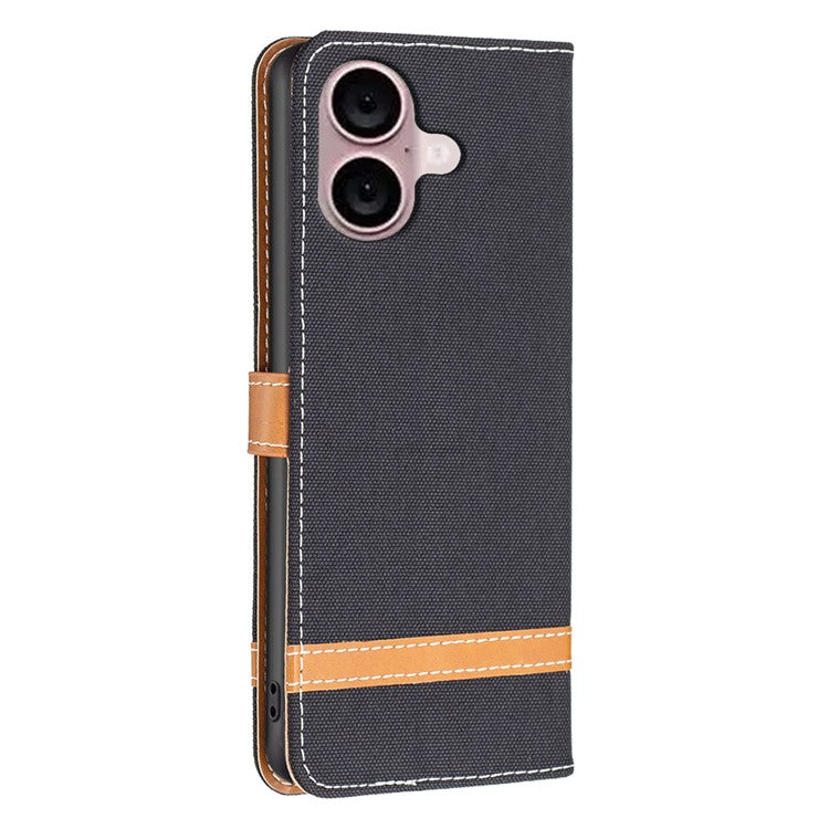 For iPhone 16 Leather Wallet Case Jeans Cloth Texture Protective Cover - Black