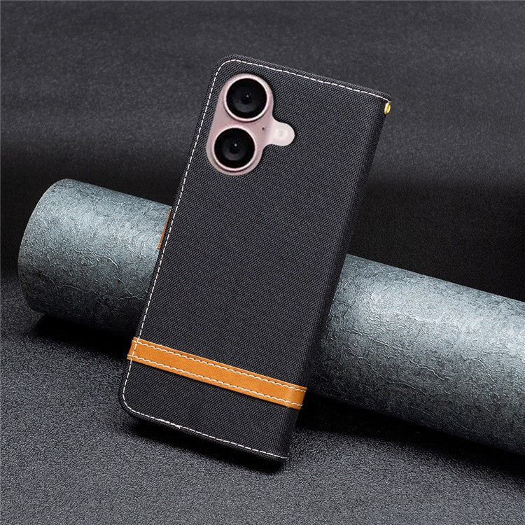 For iPhone 16 Leather Wallet Case Jeans Cloth Texture Protective Cover - Black