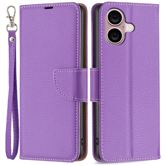 For iPhone 16 Plus Case Litchi Texture Leather Wallet Support Stand Phone Cover - Purple