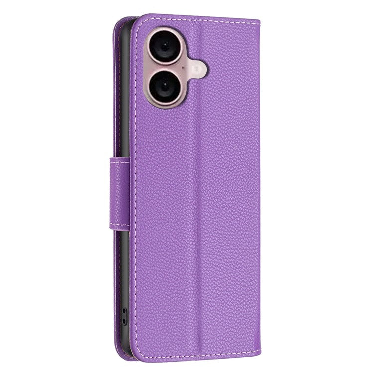 For iPhone 16 Plus Case Litchi Texture Leather Wallet Support Stand Phone Cover - Purple