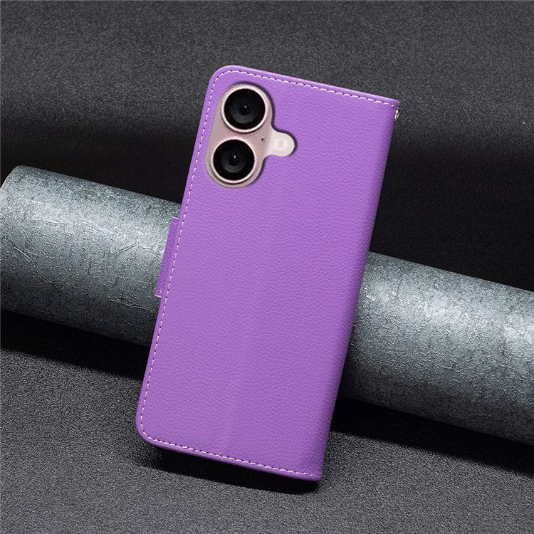 For iPhone 16 Plus Case Litchi Texture Leather Wallet Support Stand Phone Cover - Purple