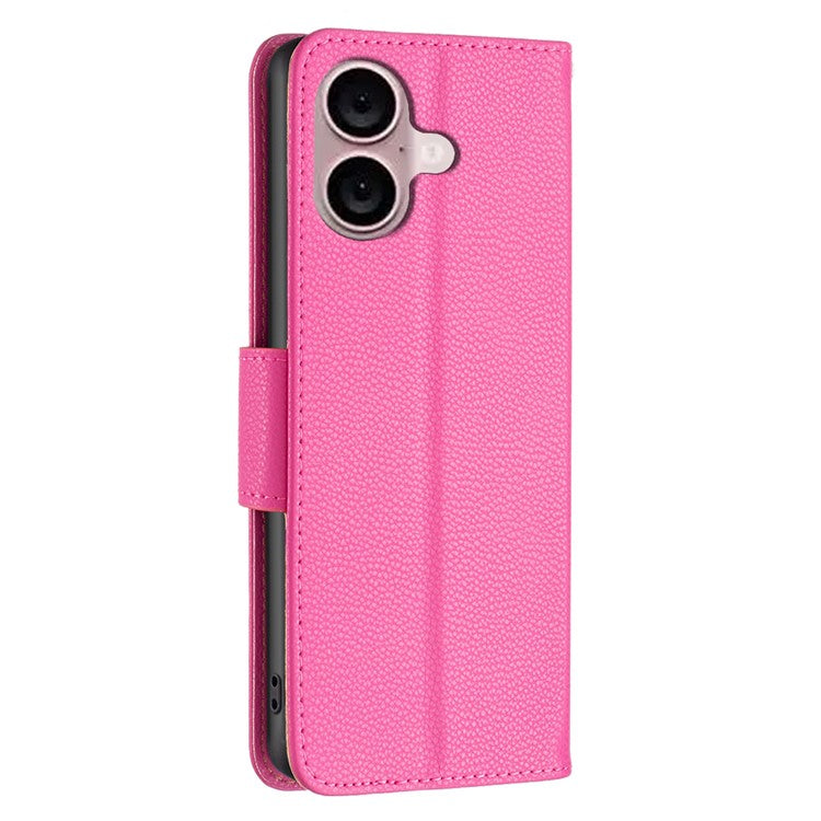 For iPhone 16 Case Drop Proof Wallet Litchi Texture Leather Phone Cover - Rose