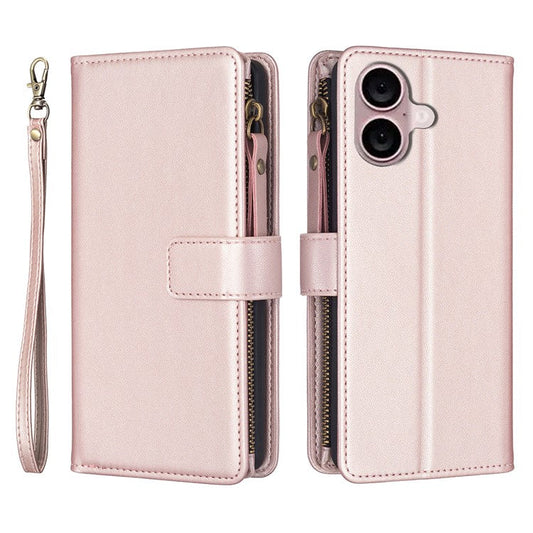 BF Style-19 for iPhone 16 Plus Zipper PU Leather Phone Case Flip Wallet Phone Stand Cover - Rose Gold